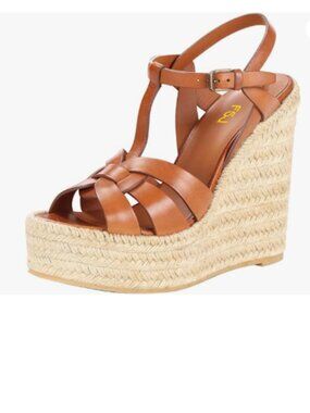 FSJ Brown Open Toe Espadrille Platform Ankle Strap Woven Cutout Wedge Sandals